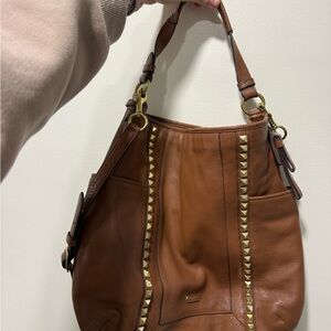 Coach Tan Leather Shoulder Bag with Gold Studs